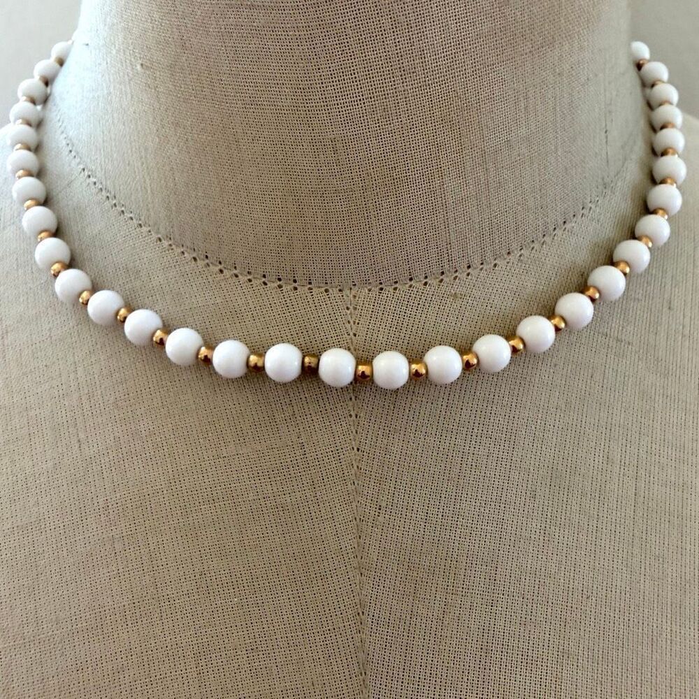 Monet White Bead & Gold Tone Necklace